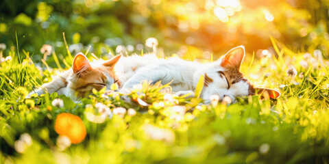 Spring fatigue - Pet animal photography background - Dog and cat sleeping chilling relaxing together on fresh green spring or summer meadow, illuminated by the sun - obrazy, fototapety, plakaty