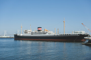 Classic historic cruiseship cruise ship ocean liner Hikawa Maru in Yokohama port near Tokyo, Japan