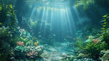 Obraz premium An underwater oasis depicting tranquil sunbeams filtering through the water, illuminating the rich marine flora and small fishes, ideal for serene and calming backgrounds.