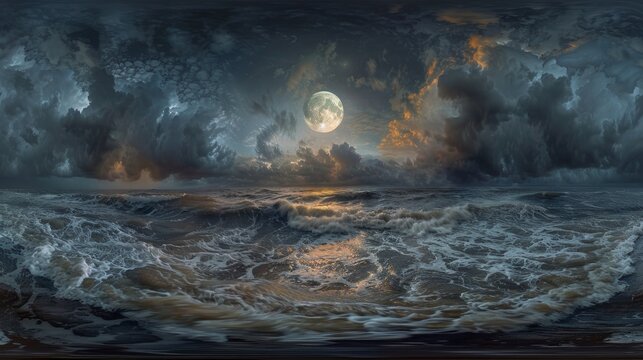 A panoramic night scene capturing the moment a full moon peeks through a gap in heavy clouds, its light reflecting off a restless sea.