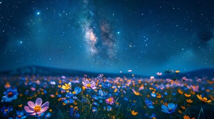 A vibrant flower field bathed in the dusk light with the Milky Way painting a cosmic backdrop, offering a dreamlike scene that merges the beauty of earth and sky.