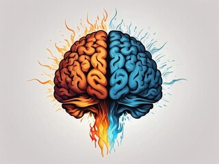 Human brain illustration with two different sides: fire and ice. Confusion, disorder or balance emotion control concept - obrazy, fototapety, plakaty