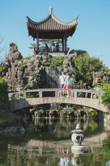 Fukushuen traditional Chinese garden in the Kume area of Naha, Okinawa Japan with pagodas and...
