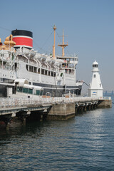 Classic historic cruiseship cruise ship ocean liner Hikawa Maru in Yokohama port near Tokyo, Japan