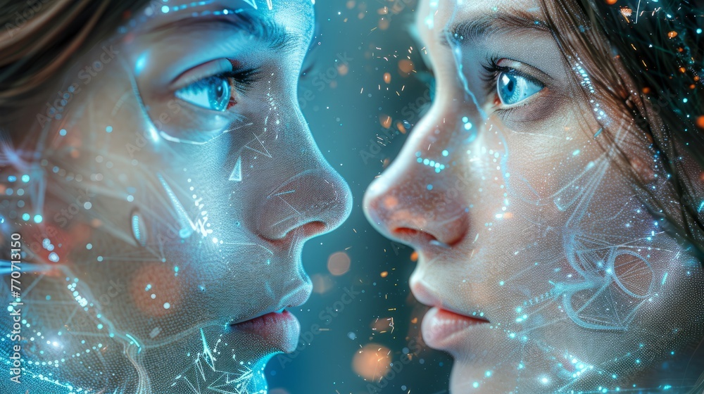 Poster human intellect and ai algorithms intertwining, showcasing joint evolution