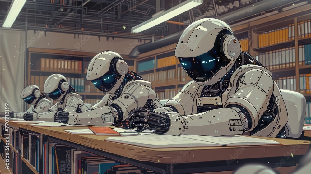Poster ai robot reading a book in the library. collaboratively studying from a vast array of textbooks. mac