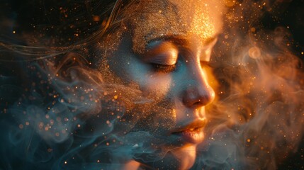 Whisper of the mystic, a woman's face surrounded by the soft tumult of vibrant dust