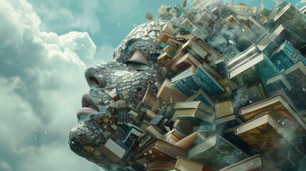 Surrealistic composition of a face emerging from a collage of books and fragmented buildings against a cloudy sky.