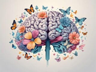 Human brain with colorful flowers and butterflies isolated on white background. Mental health concept or Creative positive thinking idea