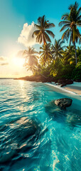 tropical beach view at sunset or sunrise with white sand, turquoise water and palm trees. Neural...