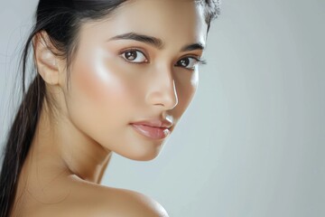 Naklejka premium Radiant Skin: Realistic Indian Woman in Cosmetics Advertisement generative ai