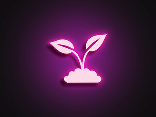 Neon light 3d logo of save plant shape on glowing background.	