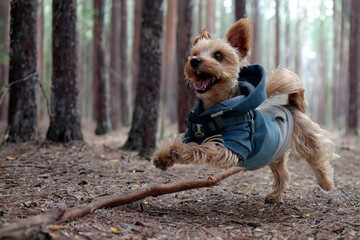 Fonde de bosque con perro Yorkshire corriendo feliz con suéter azul - obrazy, fototapety, plakaty