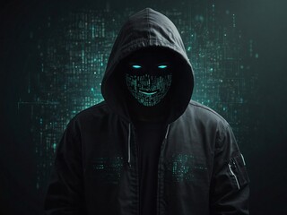 Online hacker in a mask and wearing hoodie in the dark. Cybercrime concept