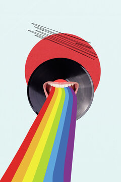 Composite trend artwork sketch image 3D photo collage of vinyl record music player huge lips with rainbow lgbt from mouth instead