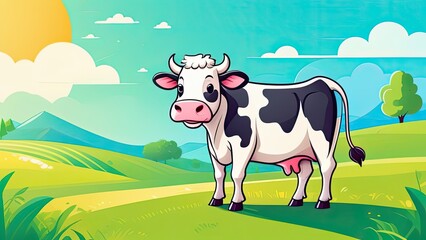 A cartoon cow is standing in a field. The cow is smiling and looking at the camera. The field is green and has a few flowers scattered around