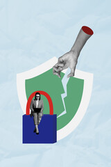 3d magazine collage image of serious lady hacking modern device protection isolated blue color...