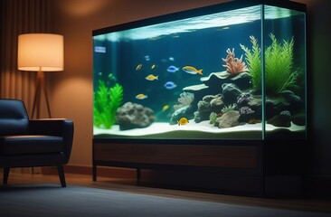 A fish tank with a variety of fish and plants in the living room.