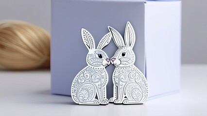 Two rabbits are sitting next to each other on a white background. The rabbits are wearing earrings and are looking at the camera