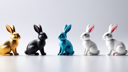 A row of five rabbits, each with a different color, sit on a white surface. The rabbits are arranged in a line, with the first one on the left and the last one on the right - obrazy, fototapety, plakaty
