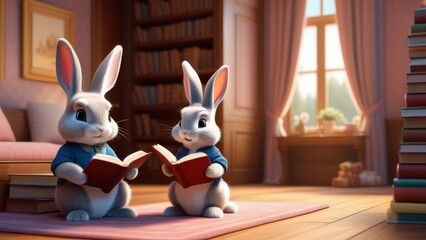 Two rabbits are sitting on a table reading a book. The book is open to a page with a picture of a...