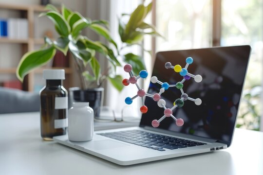 3D molecular models hovering over a laptop, blending technology with pharmaceuticals, isolated