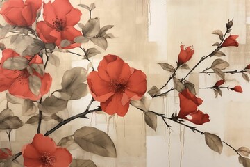 a painting of red flowers with brown leaves on the stem