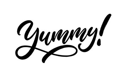 Yummy hand drawn calligraphic lettering. Vector text design isolated on white background.