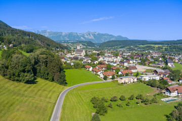 Fototapeta na wymiar Village of Frastanz in the Walgau Valley, State of Vorarlberg, Austria. Dronephotography