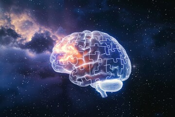 Ethereal brain puzzle in space, suggesting psychotherapys exploration of the minds universe, isolated