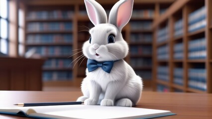 A cartoon rabbit is sitting at a desk with a book open in front of it. The rabbit is wearing a bow...