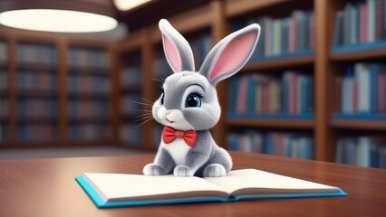 A cartoon rabbit is sitting at a desk with a book open in front of it. The rabbit is wearing a bow and a tie, and it is reading the book. The scene is set in a library