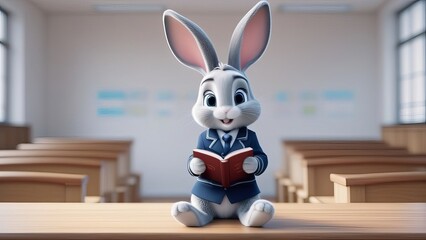 A rabbit wearing a suit and tie sits on a desk in front of a green chalkboard. The rabbit is a teacher or a student, and the scene suggests a classroom setting