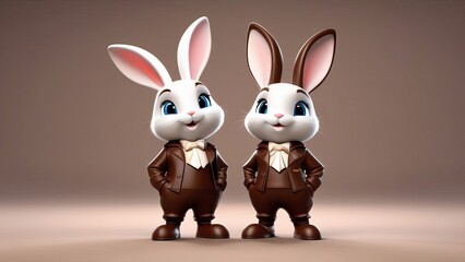Two brown rabbits wearing blue jackets and blue badges. One of the rabbits is smiling. The rabbits are standing next to each other
