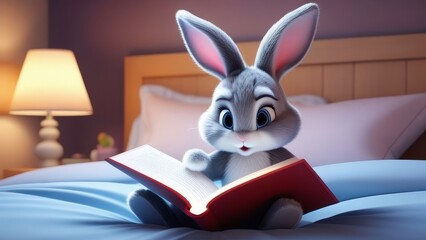 A rabbit is sitting on a bed reading a book. The rabbit is looking at the camera with a curious expression. The scene is set in a bedroom with a lamp on the left side of the bed