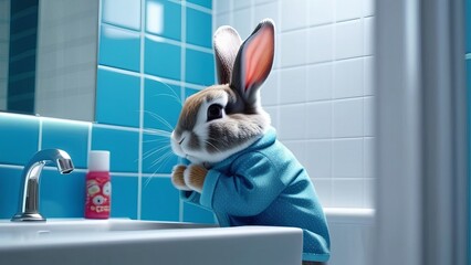 A cartoon rabbit is sitting on a bathroom sink with a red cup in its mouth. The rabbit is wearing a...