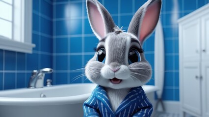 A cartoon rabbit is sitting on a bathroom sink with a red cup in its mouth. The rabbit is wearing a...
