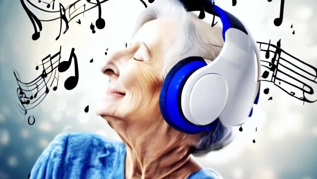 Caucasian senior woman in headphones listening music, notes floating in air, Generative AI