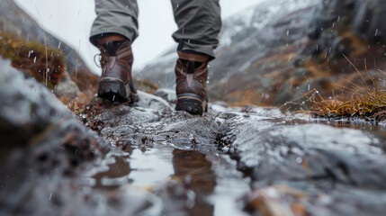 Men's boots while hiking in the mountains. - obrazy, fototapety, plakaty