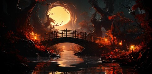 AI generated illustration of a night sky over a bridge, with a bright fire burning on the river - obrazy, fototapety, plakaty
