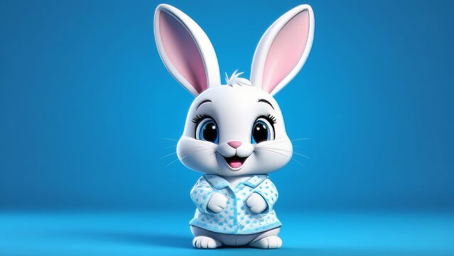 A cartoon rabbit is sitting on a blue background with a blue shirt on. The rabbit is smiling and he is happy