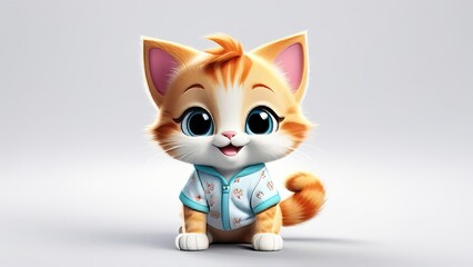A cute cartoon cat is wearing a pink and blue pajama set and is smiling. The image has a playful and cheerful mood, as the cat is dressed up and he is enjoying its time