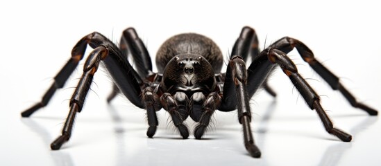 A closeup image of a black Arachnid, an Arthropod and Terrestrial animal, on a white surface. This...