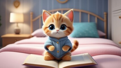 A cute cat is sitting on a bed with an open book in front of it. The cat is wearing a blue bandana and has a heart on its chest. The scene is playful and lighthearted