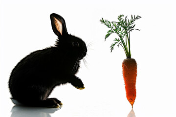 Silhouette of a bunny nibbling on a carrot, iconic pose, on a white background.