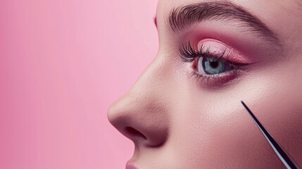 A woman takes care of her eyelashes and eyebrows. Woman with tweeters, close-up on a pink background.