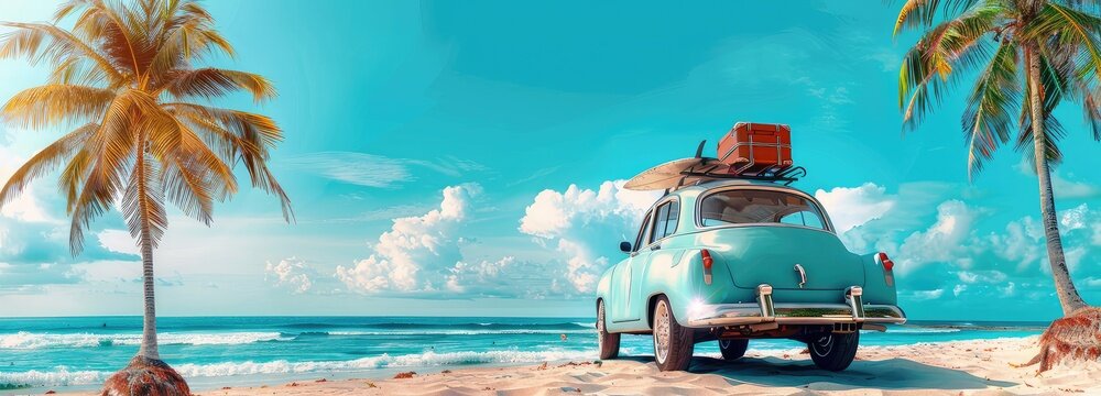 summer holiday concept vintage van with luggage , surfboard and beach accessories on the beach, palm tree, blue sky, summer vacation.