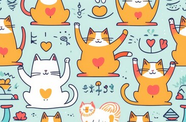 A cartoon of cats doing yoga poses with hearts on their bellies. The cats are in various poses, some are sitting and others are standing. Scene is playful and lighthearted