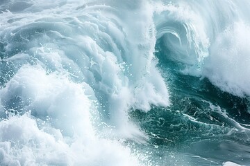 Close-up of a foamy wave curling as it rolls in the ocean or sea, capturing the raw power and beauty of nature's motion.