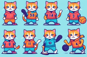 A series of cartoon cats wearing different colored hoodies and shorts. The cats are all smiling and seem to be enjoying themselves